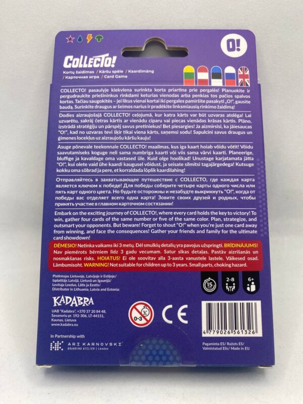 Back of the Collecto! card game box, displaying game details, player count, age suitability, and multilingual instructions.