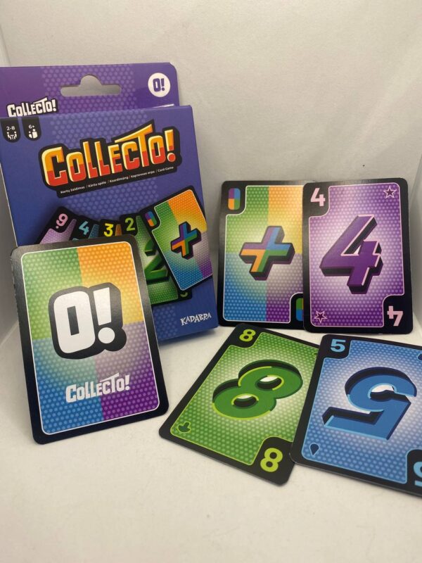 Collecto! card game with colorful number and symbol cards laid out alongside the game box, designed for 2-8 players, ages 6 and up.