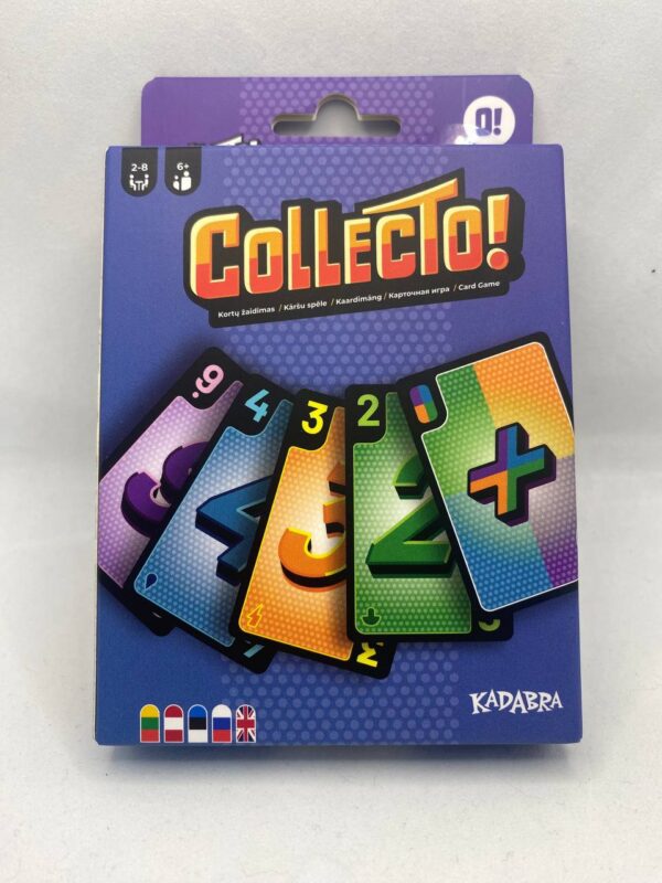 Box of the Collecto! card game showing colorful numbered cards designed for 2-8 players and ages 6+