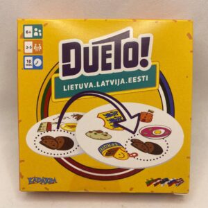 Box of the Dueto! card game, featuring two circular cards with matching symbols like cookies, shields, and donuts. The game is for 2-5 players and ages 6+.