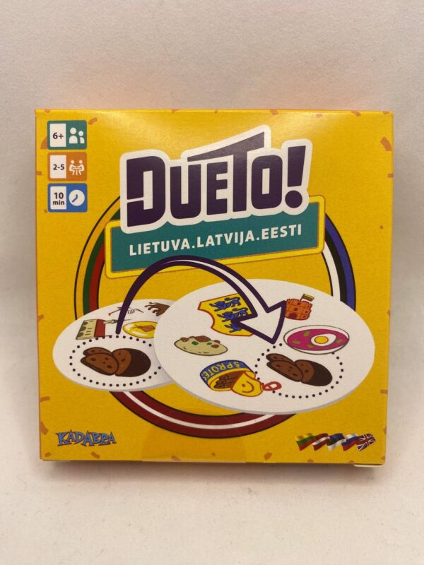 Box of the Dueto! card game, featuring two circular cards with matching symbols like cookies, shields, and donuts. The game is for 2-5 players and ages 6+.