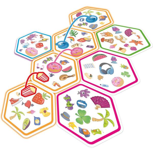 Several connected Dobble Connect hexagonal cards with various colorful symbols, including donuts, clovers, and headphones, showing the gameplay mechanics.