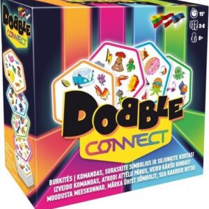 Коробка карточной игры Dobble Connect с красочными шестиугольными картами с различными символами. Игра рассчитана на 2-8 игроков и подходит для детей от 8 лет. 