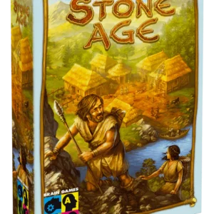 Stone Age board game box with ancient people and settlement. Strategy game for 2-4 players aged 10+.